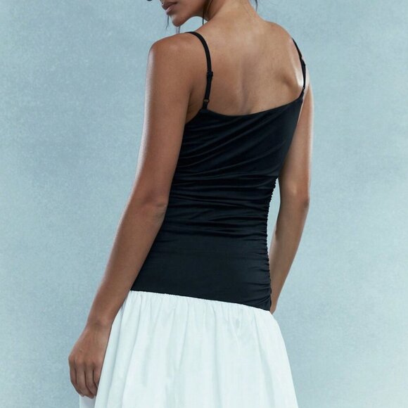 Black and White Casual Women's Color Block Bubble Ruched Long Hem Cami Dress - Picture 4 of 6